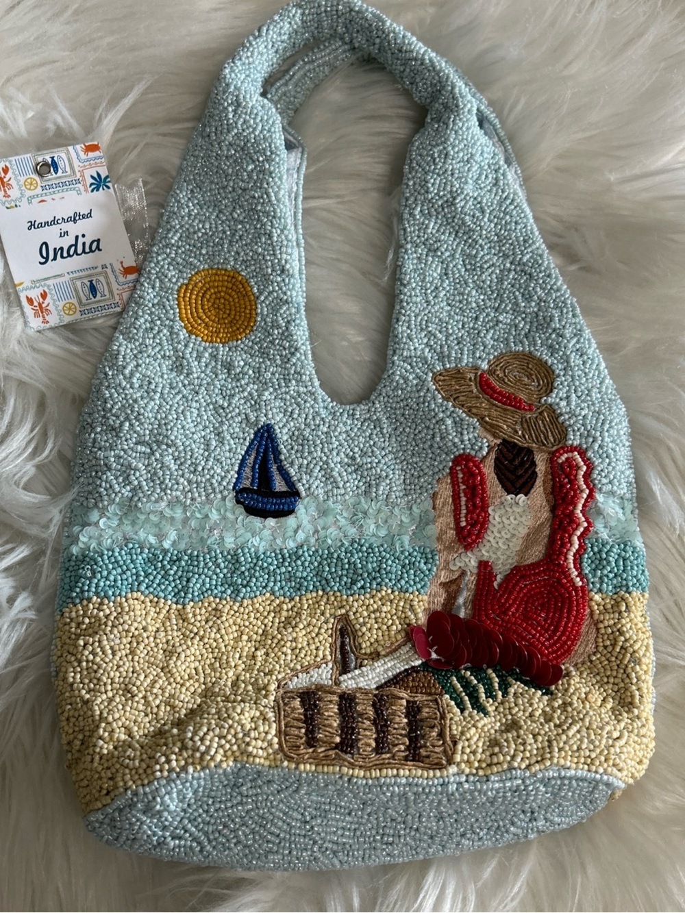 Women’s Beaded Bag in Light Blue & Yellow with Apple Patch beach vibes